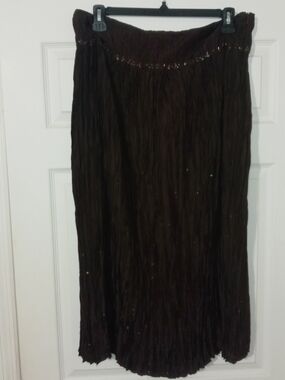 Talbots Silk Mocha Brown Crinkle Maxi Skirt Size 16 with Beaded And Sequin Trim
